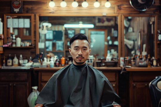 Handsome Asian brunette bearded man sitting in the chair in barbershop and looking in the camera