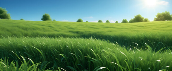 Fototapeta na wymiar Landscape view of green grass field with blue sky background