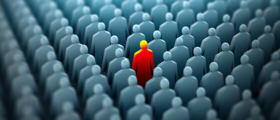 Red figure standing out in a crowd of grey-blue figures, epitomizing individuality and the quest for the right person in HR, business, and social psychology contexts.