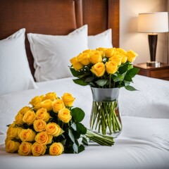 Bouquet of Yellow roses on the bed in a hotel room for honeymoon. romantic meeting of guests at the hotel.