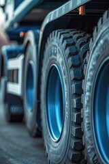 A detailed close-up of a large truck tire. This image can be used to showcase the ruggedness and durability of truck tires.