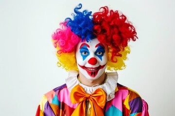 Colourful Clown with Red Nose and Wacky Wig.
Joyful clown with a vibrant red nose and multicoloured wig smiling against a white background.  - obrazy, fototapety, plakaty