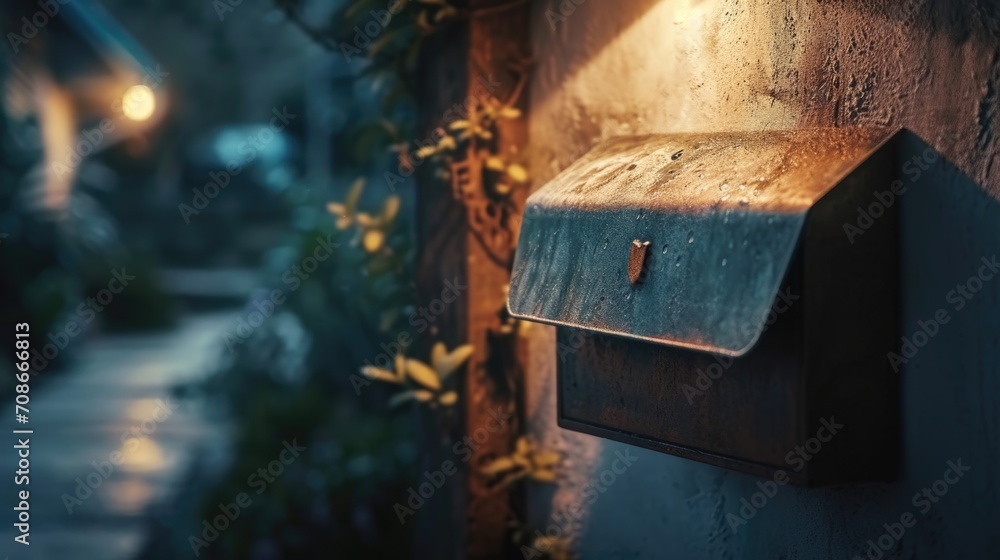 Poster A mailbox attached to the side of a building. This image can be used to represent mail services or communication
