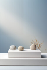 Three zen stones balanced on a white podium with a serene blue gradient background