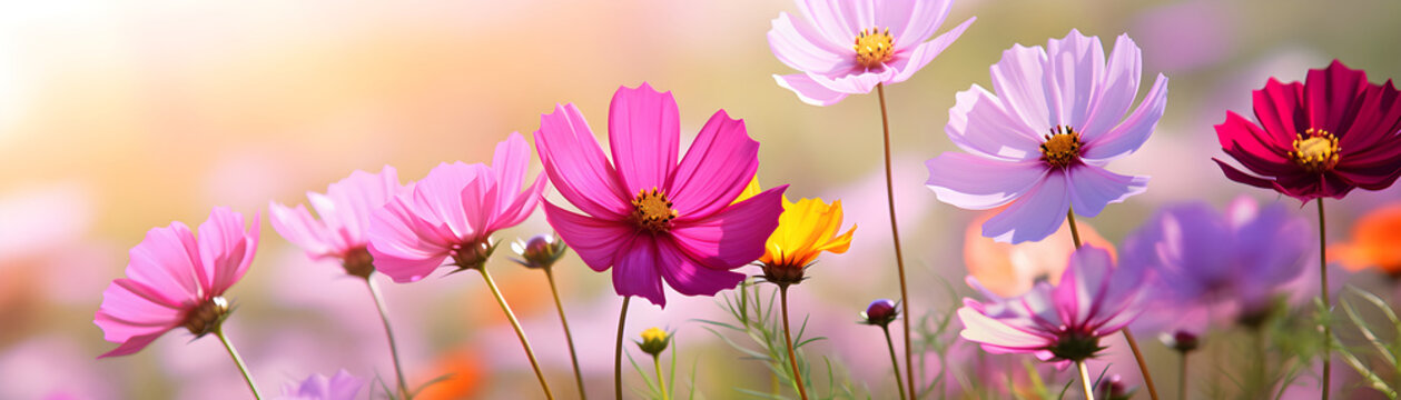 Beautiful colorful cosmos flowers over summer blurred nature background