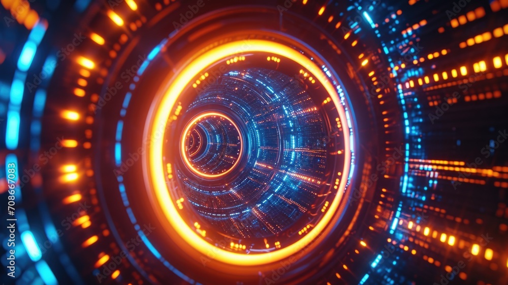 Poster A captivating image of a blue and orange light tunnel in a dark room. This picture can add a dynamic and vibrant touch to any project