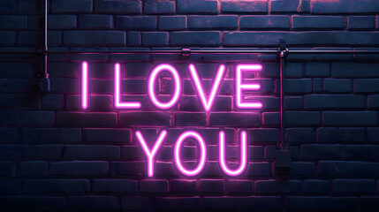 Fototapeta na wymiar Neón de color rosa con el texto I Love you sobre un muro de ladrillo oscuro para el día de San Valentín