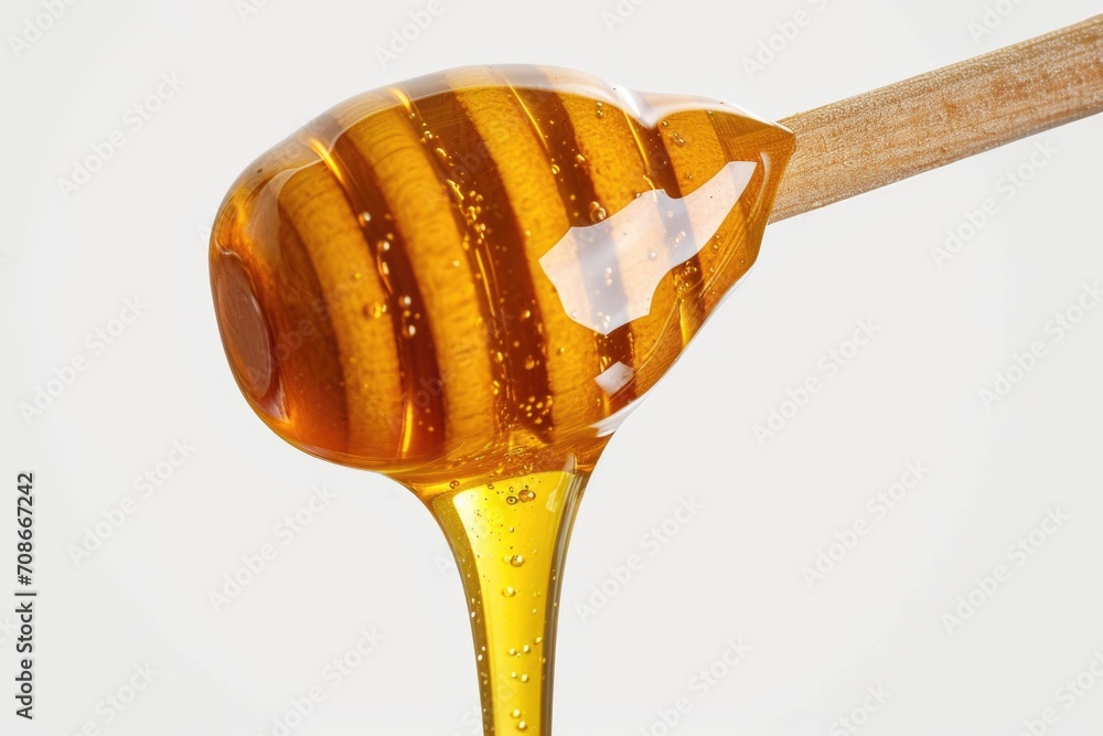 Poster A close-up image of a wooden spoon with honey dripping from it. This picture can be used to showcase the natural sweetness of honey or to add a touch of sweetness to food-related designs