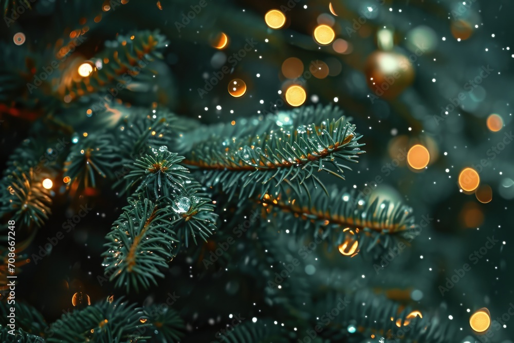 Poster a close up view of a christmas tree with twinkling lights in the background. perfect for holiday-the