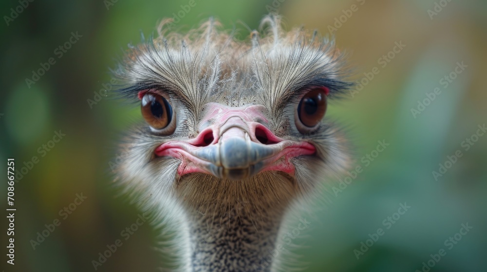 Poster an ostrich looking directly at the camera with a blurry background. suitable for various uses