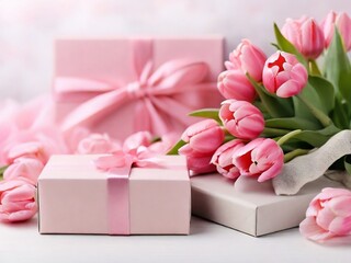 A beautiful bouquet of tulips and a gift box, symbolizing love and celebration