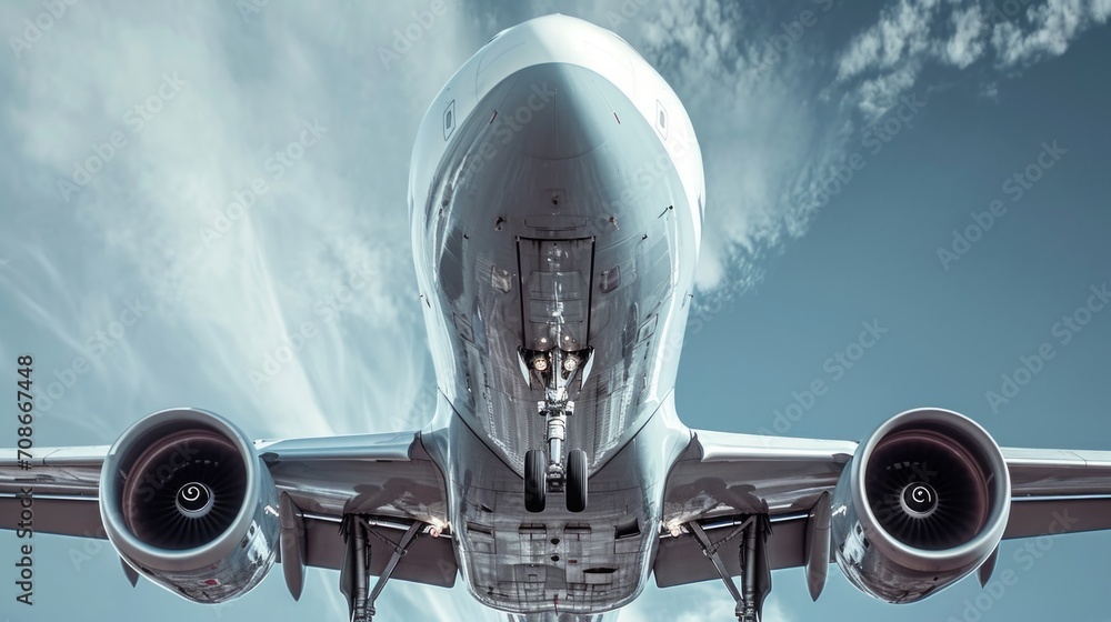 Poster a picture of a large jetliner flying through a clear blue sky. this image can be used to depict trav