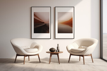 Light modern minimalist interior. Two white curved minimalist armchairs and a coffee table against a white wall with two mockup posters	