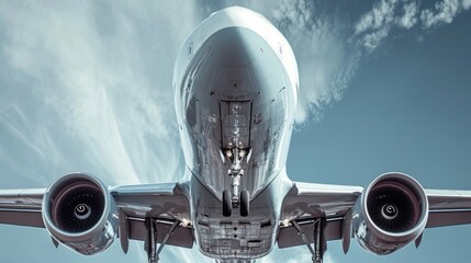 A picture of a large jetliner flying through a clear blue sky. This image can be used to depict travel, aviation, or the concept of freedom and exploration