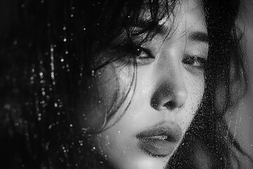 Korean Woman Veiled in Water, Embracing the Gritty Hollywood Glamour Aesthetic with Grainy Black and White Tones. Inspired by Ferrania P30, Digital Expressionism, Pointillist Dot Paintings