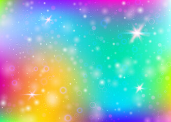 Fairy background with rainbow mesh.  Cute universe banner in princess colors. Fantasy gradient backdrop with hologram. Holographic fairy background with magic sparkles, stars and blurs.
