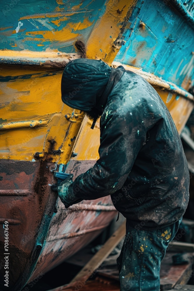 Poster a man is seen working on a boat in the water. this image can be used to depict various activities re