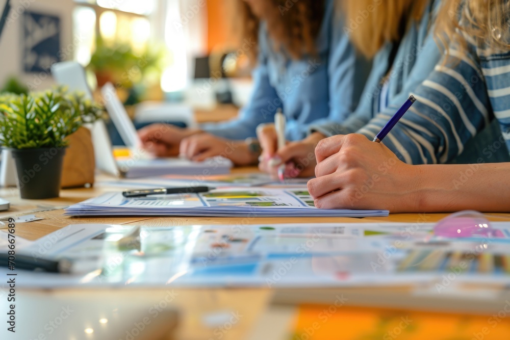 Poster a group of people sitting at a table, discussing and reviewing papers. this image can be used to rep