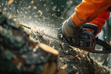 A person using a chainsaw to cut down a tree. Suitable for outdoor activities or forestry-related projects - obrazy, fototapety, plakaty