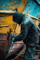 A man is seen working on a boat in the water. This image can be used to depict various activities related to boating, fishing, or water transportation