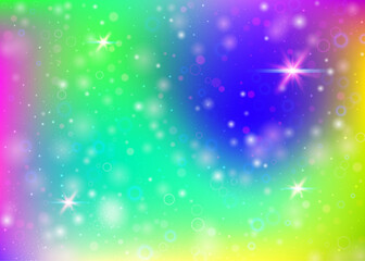 Fairy background with rainbow mesh.  Cute universe banner in princess colors. Fantasy gradient backdrop with hologram. Holographic fairy background with magic sparkles, stars and blurs.