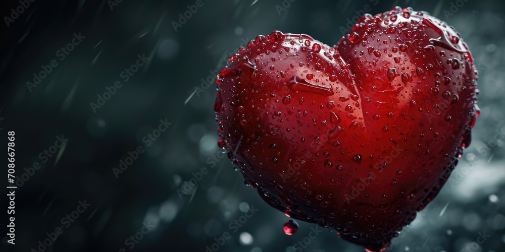Poster A red heart-shaped object is depicted in the rain. This image can be used to represent love, romance, or a heartfelt moment in various design projects