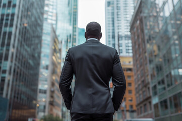 Fototapeta na wymiar Back View of African-American Businessman in Formal Suit Amidst Skyscrapers, Symbolizing Success, Prosperity, and Diligence in the Finance World