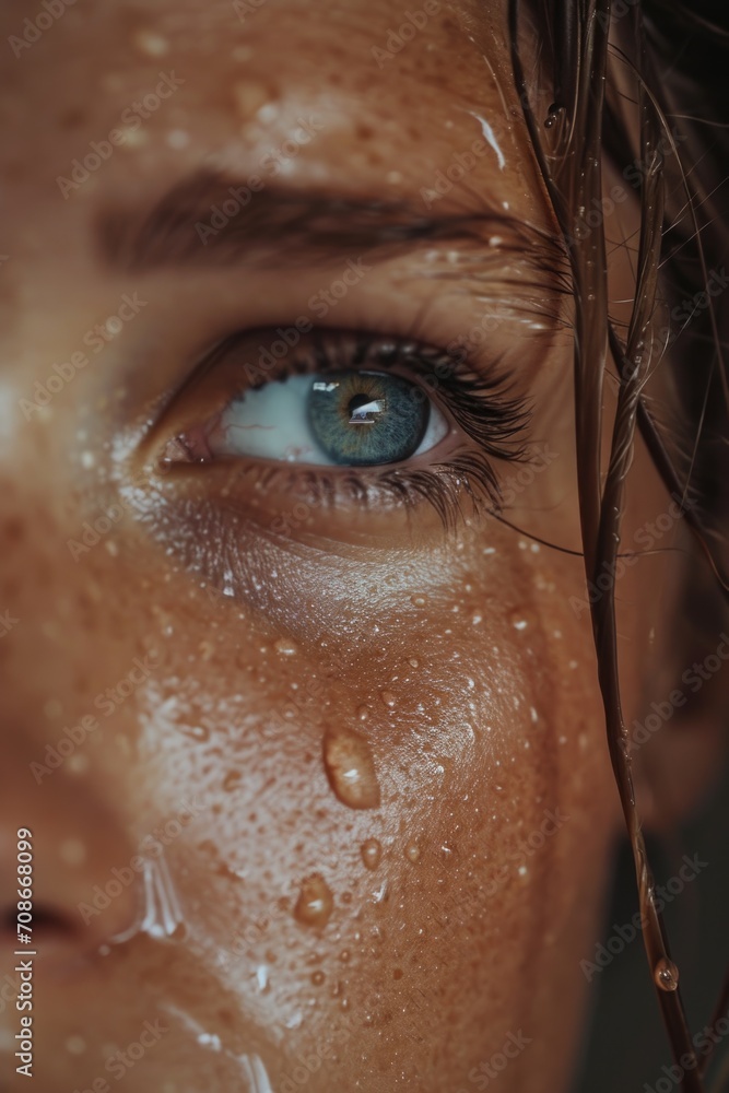 Poster a close up view of a person's face with water droplets on it. this image can be used to represent re
