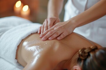 Woman receiving a relaxing back massage at a spa. Ideal for promoting spa services or wellness concepts