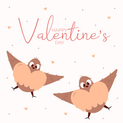 Valentine social media post with birds, hearts. Banner with phrase Happy Valentine's day. Peach fuzz, pink, brown colors. Isolated on white. Vector illustration. Web design.