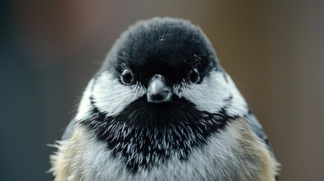 A close up shot of a bird with a black and white face. This image can be used to depict the beauty of nature and wildlife