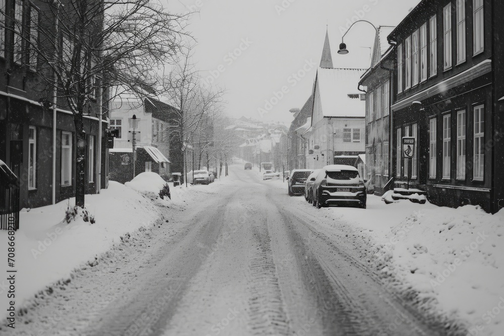 Sticker A black and white photo of a snowy street. Perfect for winter-themed designs and holiday projects