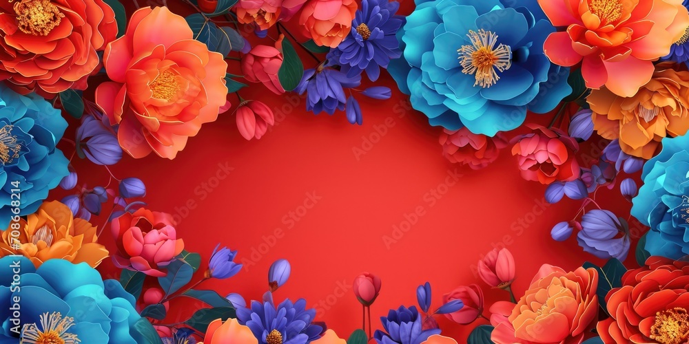 Poster Colorful flowers and leaves on a vibrant red background. Perfect for adding a pop of color to any design project