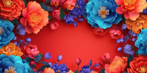 Colorful flowers and leaves on a vibrant red background. Perfect for adding a pop of color to any design project