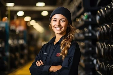 Foto op Canvas Portrait of a young female mechanic smiling in a warehouse © duyina1990