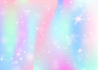 Hologram background with rainbow mesh. Trendy universe banner in princess colors. Fantasy gradient backdrop. Hologram unicorn background with fairy sparkles, stars and blurs.
