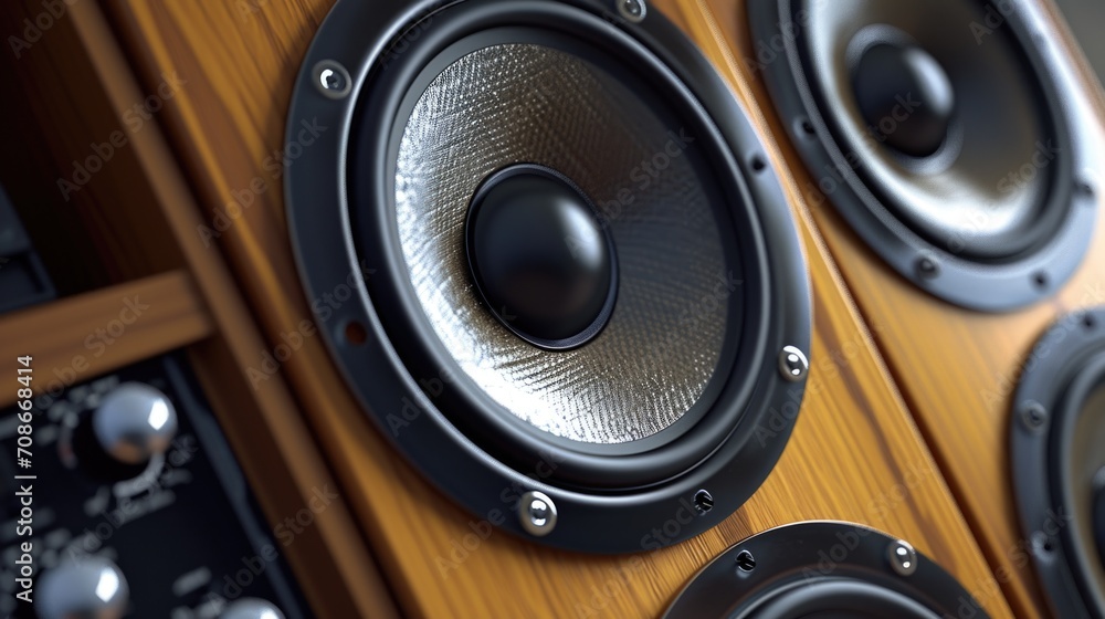 Poster a detailed view of a speaker placed on a smooth wooden surface. perfect for illustrating sound syste