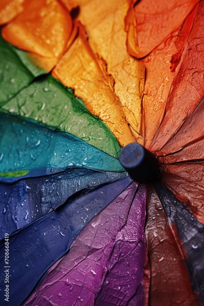 Poster A close up view of a rainbow colored umbrella. Perfect for adding a pop of color to any rainy day.