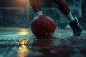 A basketball player skillfully dribbling a basketball in the rain. This image can be used to depict determination and perseverance in challenging conditions