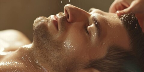 A man is getting his hair brushed by a hair dryer. This image can be used to showcase hair care and grooming services