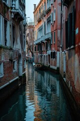 A picture of a narrow canal with a boat in the middle. Suitable for travel and transportation themes