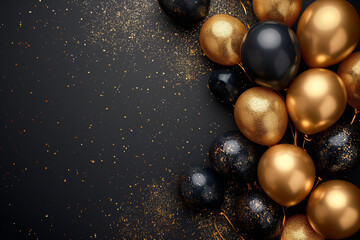 Golden Frame Adorned with Gold and Black Balloons Sparkling Against a Luxurious Black Background Glamorous Affair