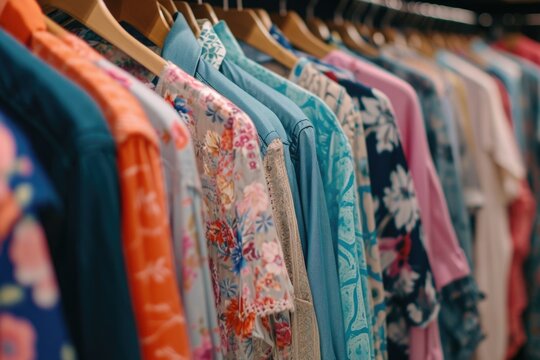 A rack of colorful shirts hanging on a clothes rack. Suitable for fashion and retail concepts