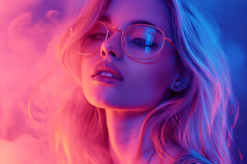 Portrait of a Stylish Young Girl Model with Blond Hair, Wearing Glasses, Captured in Smoke and Illuminated by Neon Lighting Neon Glamour