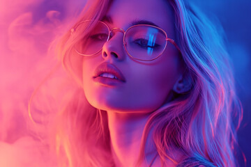 Obraz premium Portrait of a Stylish Young Girl Model with Blond Hair, Wearing Glasses, Captured in Smoke and Illuminated by Neon Lighting Neon Glamour