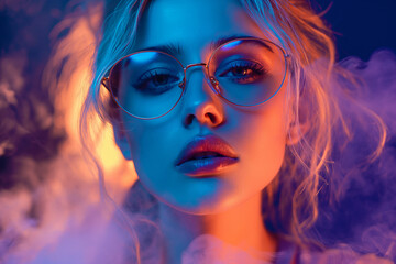 Obraz premium Portrait of a Stylish Young Girl Model with Blond Hair, Wearing Glasses, Captured in Smoke and Illuminated by Neon Lighting Neon Glamour