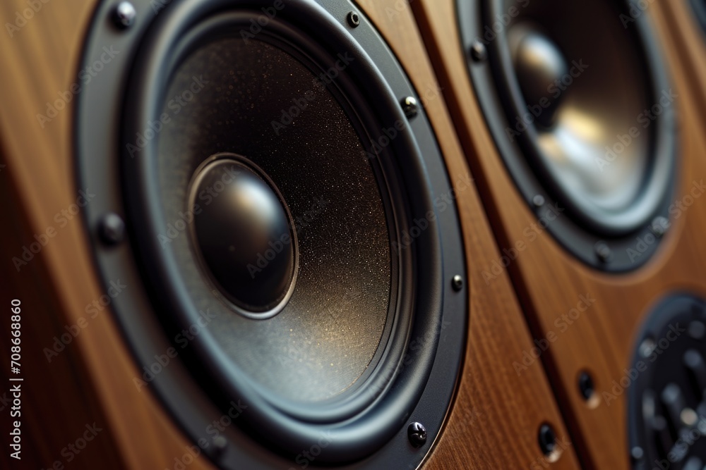 Poster a detailed view of a pair of speakers. ideal for music-related projects or audio equipment advertise