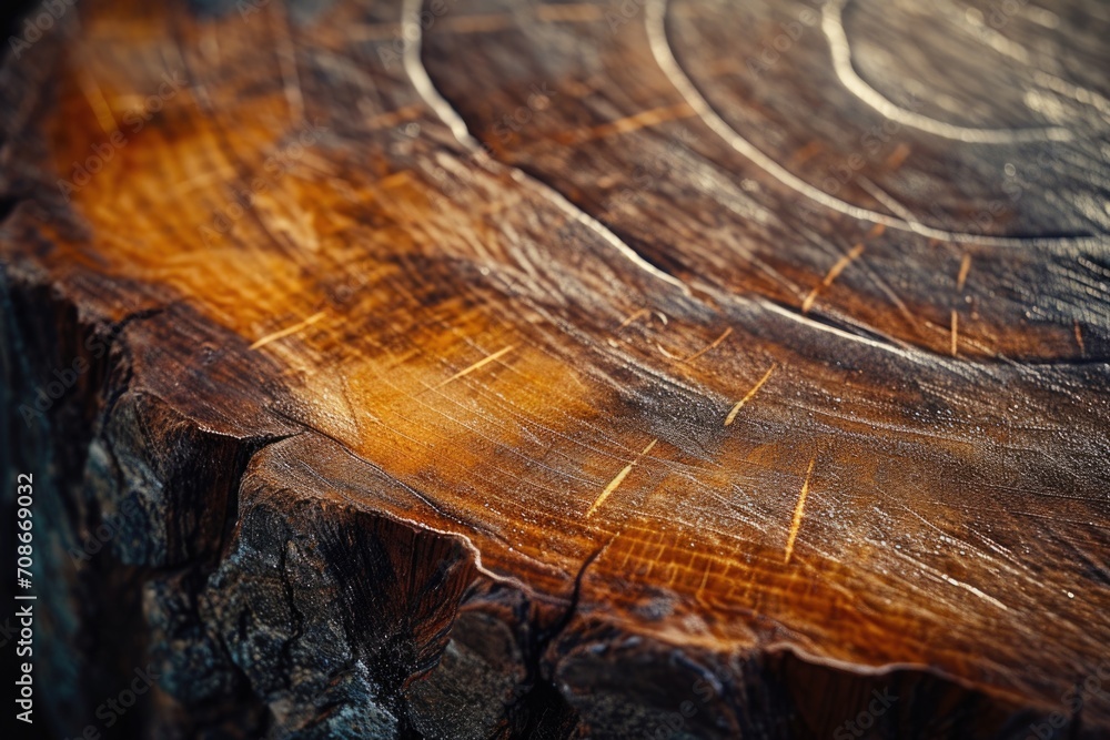 Poster Close up view of a piece of wood with a tree stump in the background. Perfect for nature-themed projects or environmental concepts