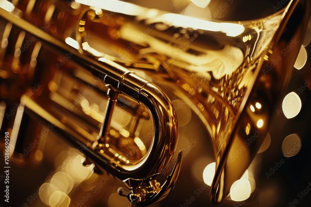 Wall mural a detailed view of a brass instrument with vibrant lights in the background. this image can be used 