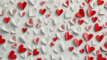 Red and white paper hearts scattered on a white surface. Suitable for Valentine's Day or love-themed projects